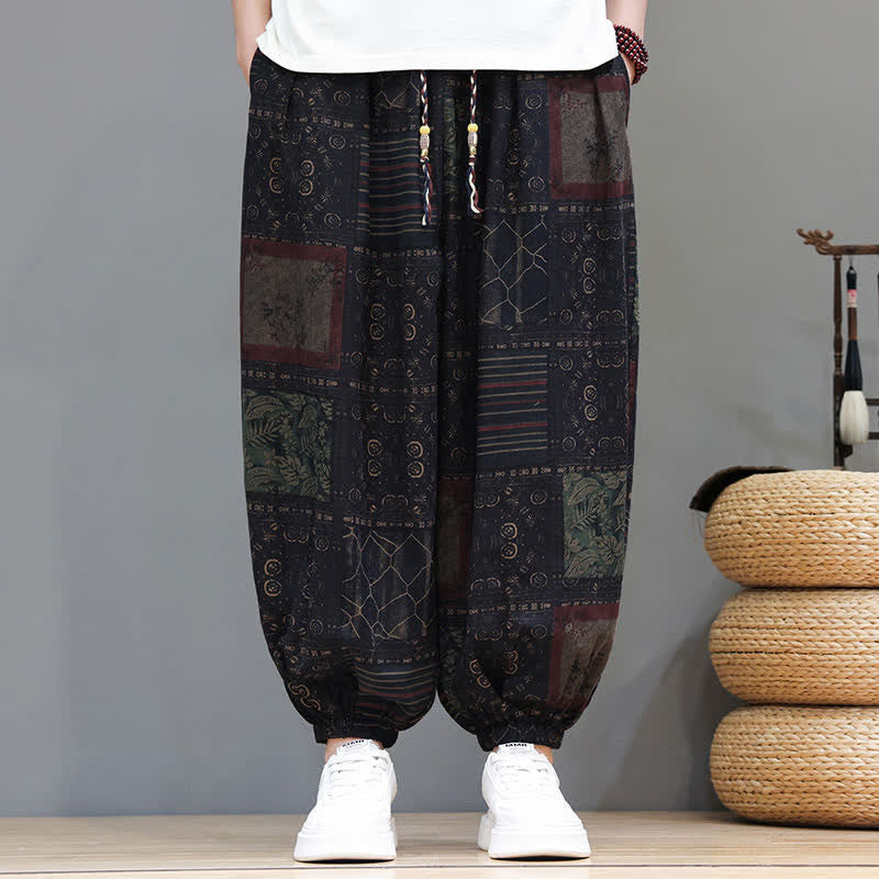 Buddha Stones Pantalon sarouel d'été bohème décontracté à cordon de serrage et à motifs géométriques courts, avec poches. - image 48