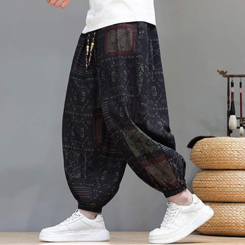 Buddha Stones Pantalon sarouel d'été bohème décontracté à cordon de serrage et à motifs géométriques courts, avec poches. - Noir - US/UK/AU46, EU56 (5XL) - image 41