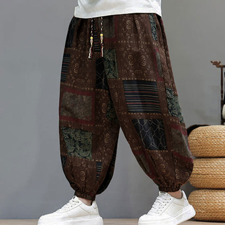 Buddha Stones Pantalon sarouel d'été bohème décontracté à cordon de serrage et à motifs géométriques courts, avec poches. - Terre de sienne - US/UK/AU46, EU56 (5XL) - image 9