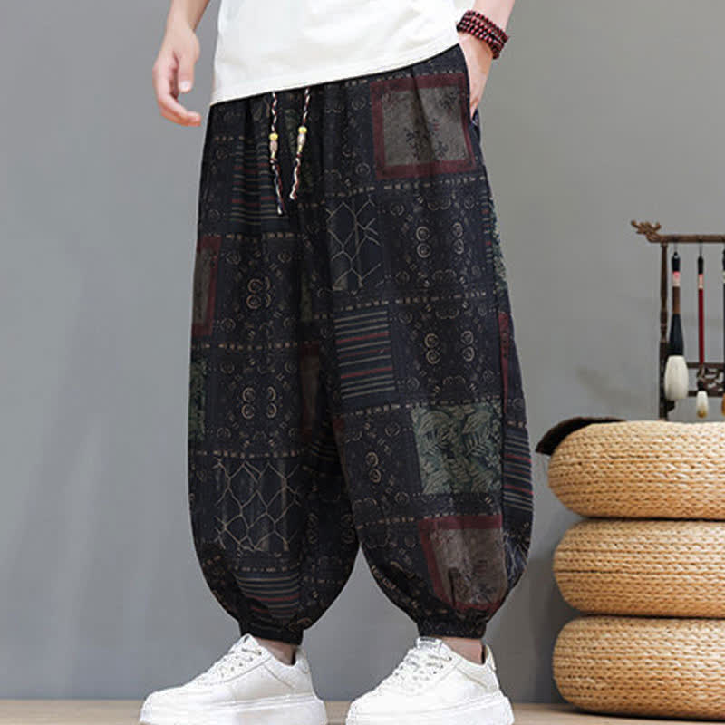 Buddha Stones Pantalon sarouel d'été bohème décontracté à cordon de serrage et à motifs géométriques courts, avec poches. - image 50