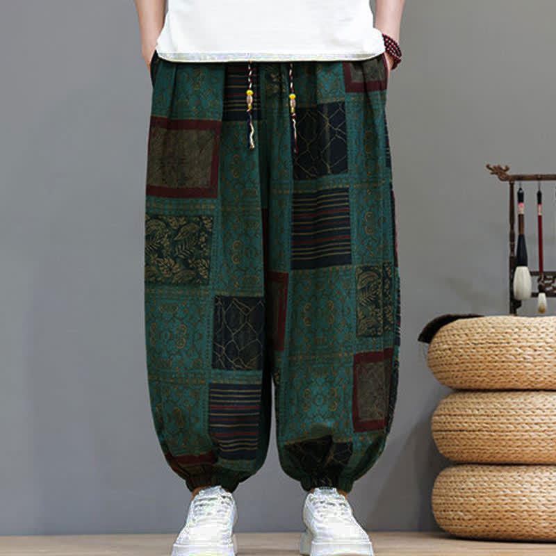 Buddha Stones Pantalon sarouel d'été bohème décontracté à cordon de serrage et à motifs géométriques courts, avec poches. - image 23