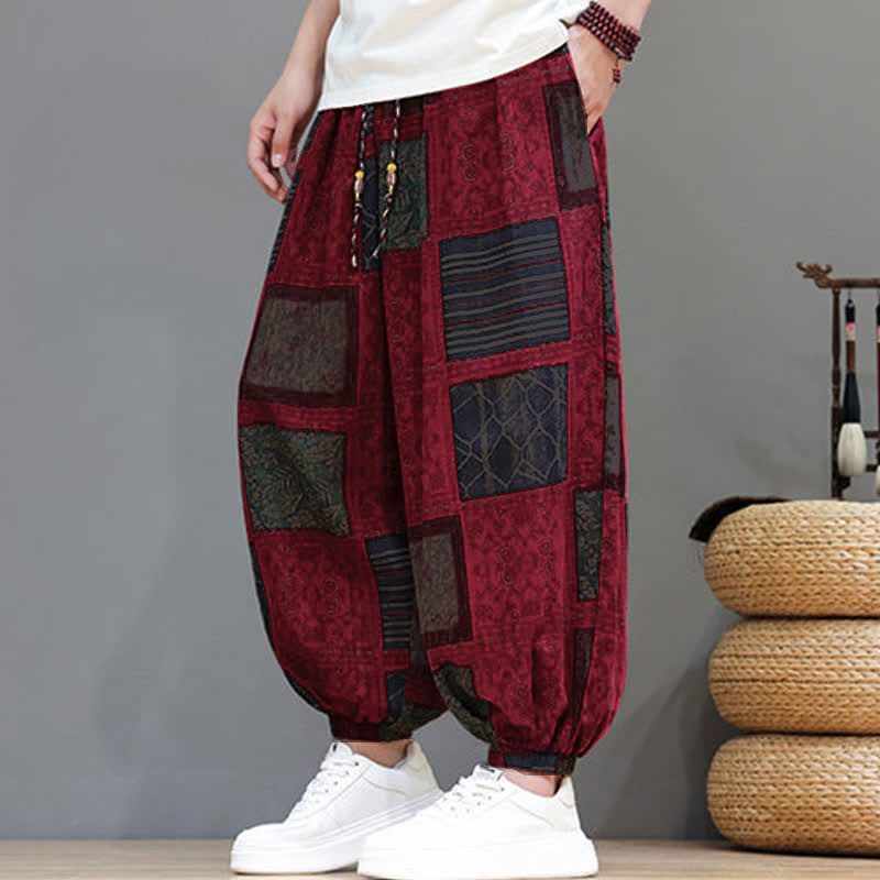 Buddha Stones Pantalon sarouel d'été bohème décontracté à cordon de serrage et à motifs géométriques courts, avec poches. - image 34
