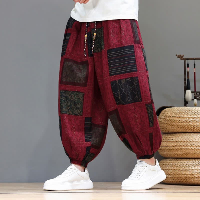 Buddha Stones Pantalon sarouel d'été bohème décontracté à cordon de serrage et à motifs géométriques courts, avec poches. - FireBrick - US/UK/AU46, EU56 (5XL) - image 31