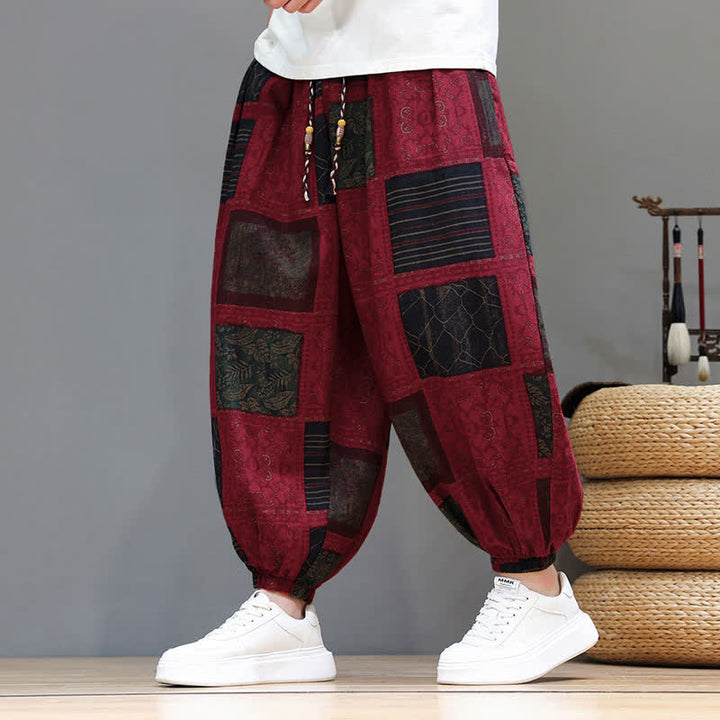 Buddha Stones Pantalon sarouel d'été bohème décontracté à cordon de serrage et à motifs géométriques courts, avec poches. - FireBrick - US/UK/AU46, EU56 (5XL) - image 31