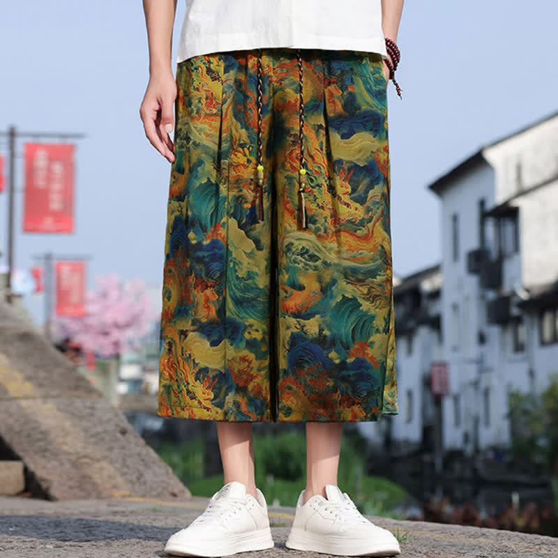 Buddha Stones Pantalon court d'été vintage décontracté pour homme, à cordon de serrage et imprimé grues, avec poches - Turquoise foncé - US/UK/AU48, EU58 (5XL) - image 0