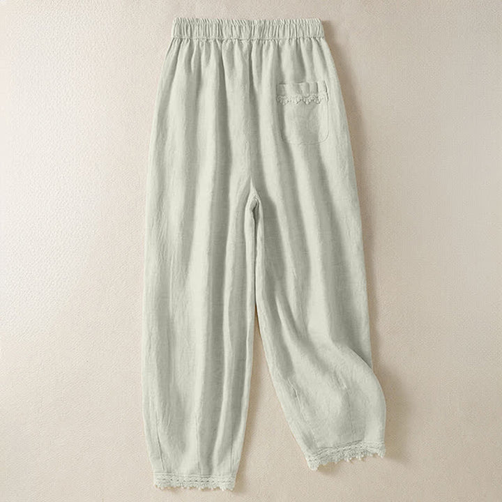 Buddha Stones Pantalon sarouel bohème décontracté d'été à cordon de serrage, couleur unie, en ramie, avec poches - image 1