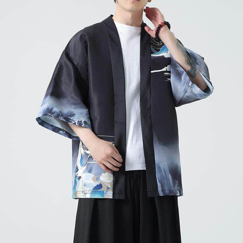 Buddha Stones Kimonos d'été décontractés pour hommes, imprimé grues vintage - image 2