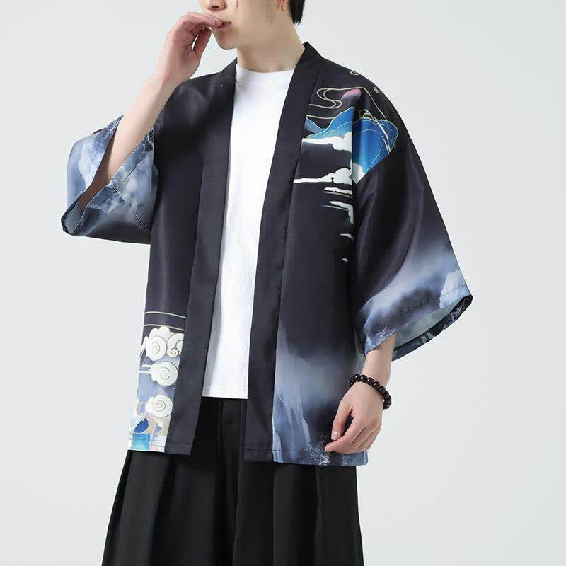 Buddha Stones Kimonos d'été décontractés pour hommes, imprimé grues vintage - image 1