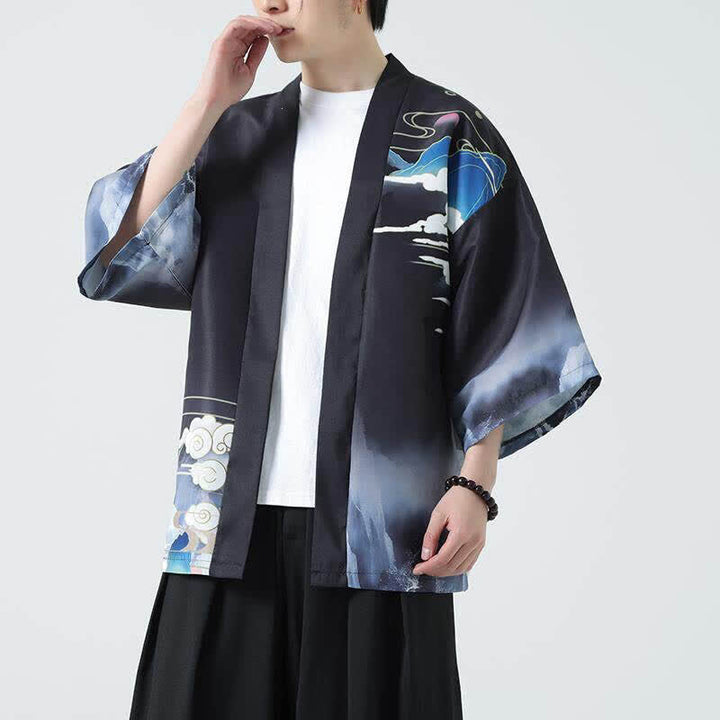 Buddha Stones Kimonos d'été décontractés pour hommes, imprimé grues vintage - image 1