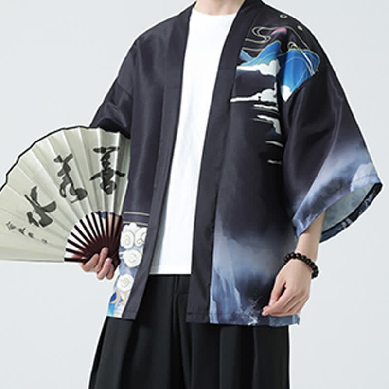 Buddha Stones Kimonos d'été décontractés pour hommes, imprimé grues vintage - image 6