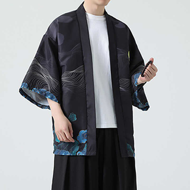 Buddha Stones Kimonos d'été décontractés pour hommes, imprimé grues vintage - image 26