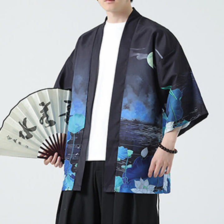 Buddha Stones Kimonos d'été décontractés pour hommes, imprimé grues vintage - Lotus - US/UK/AU48, EU58 (5XL) - image 37