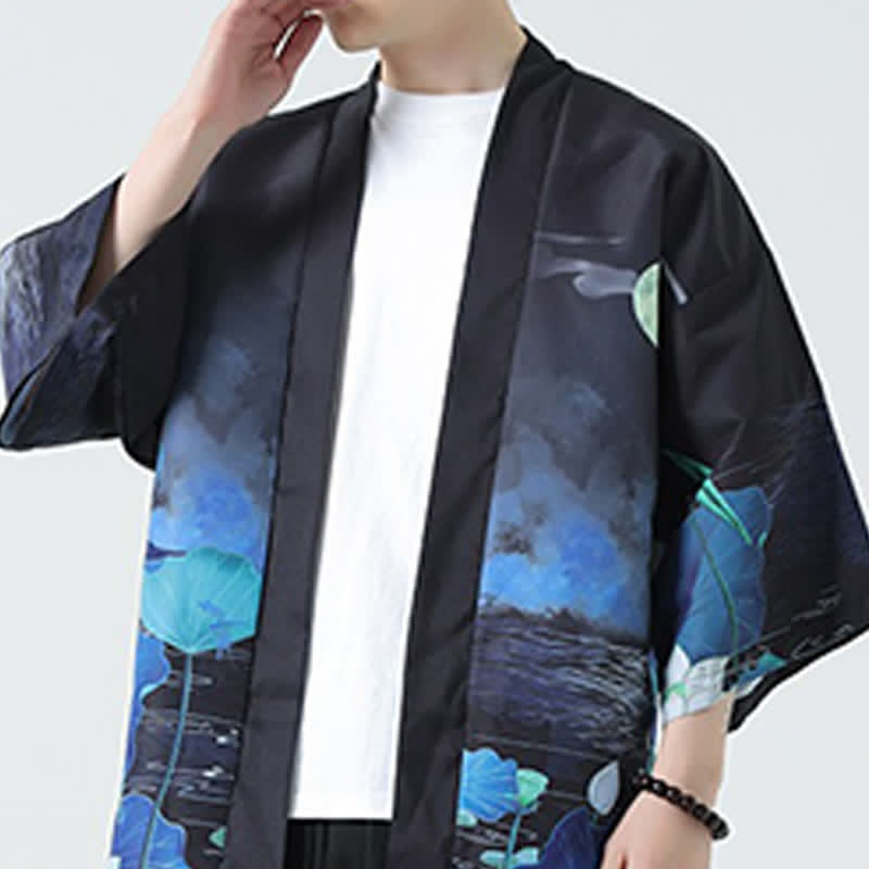 Buddha Stones Kimonos d'été décontractés pour hommes, imprimé grues vintage - image 40