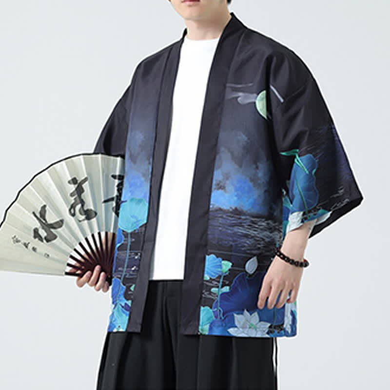Buddha Stones Kimonos d'été décontractés pour hommes, imprimé grues vintage - Lotus - US/UK/AU48, EU58 (5XL) - image 37