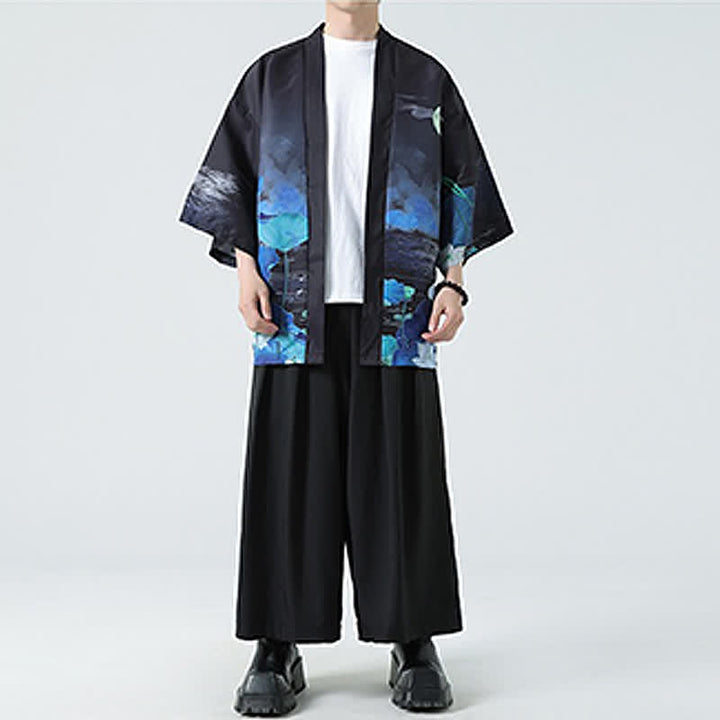 Buddha Stones Kimonos d'été décontractés pour hommes, imprimé grues vintage - image 42