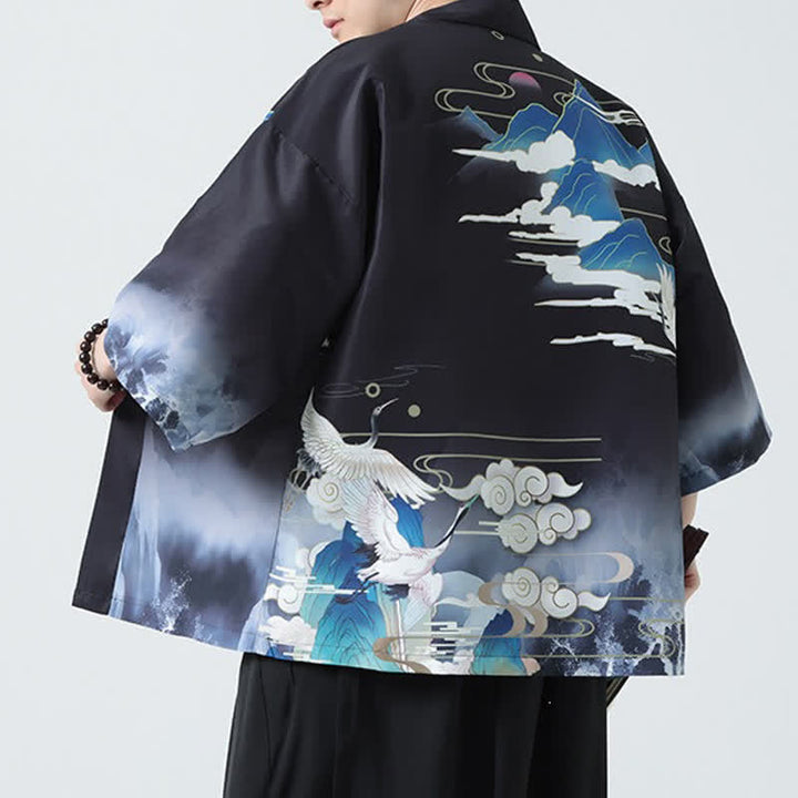 Buddha Stones Kimonos d'été décontractés pour hommes, imprimé grues vintage - image 7