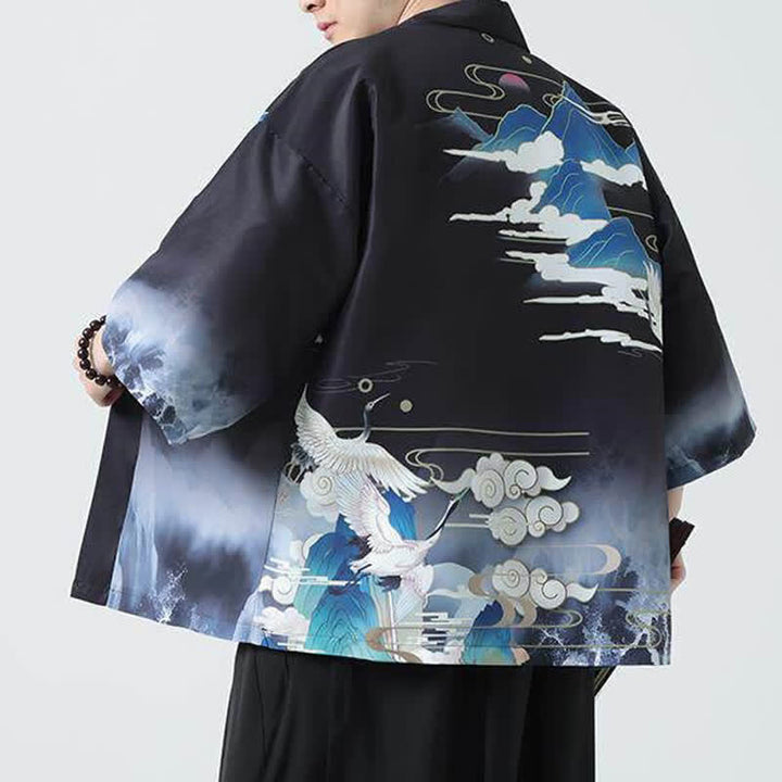 Buddha Stones Kimonos d'été décontractés pour hommes, imprimé grues vintage - image 8