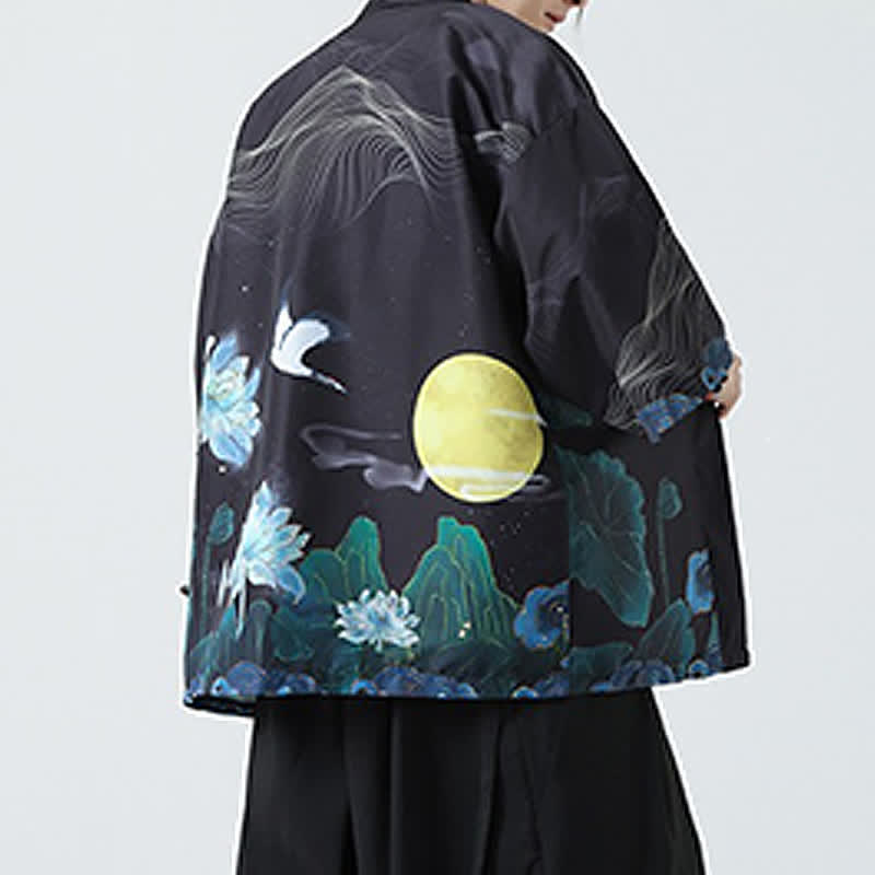 Buddha Stones Kimonos d'été décontractés pour hommes, imprimé grues vintage - image 33