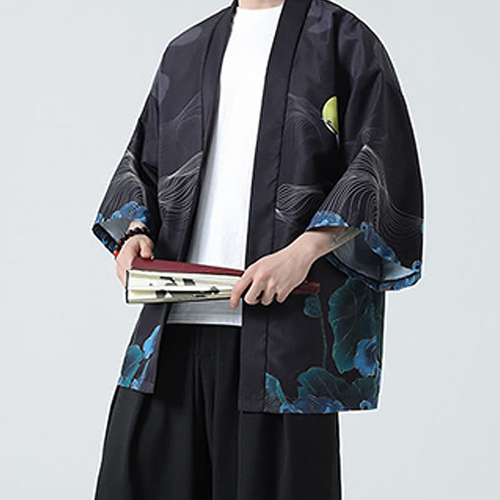 Buddha Stones Kimonos d'été décontractés pour hommes, imprimé grues vintage - image 28