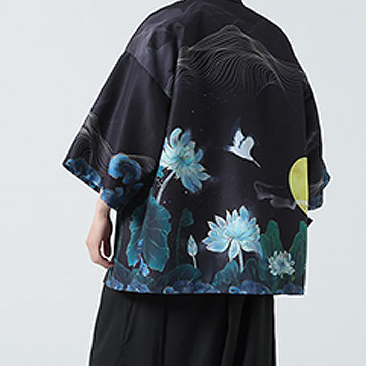 Buddha Stones Kimonos d'été décontractés pour hommes, imprimé grues vintage - image 29