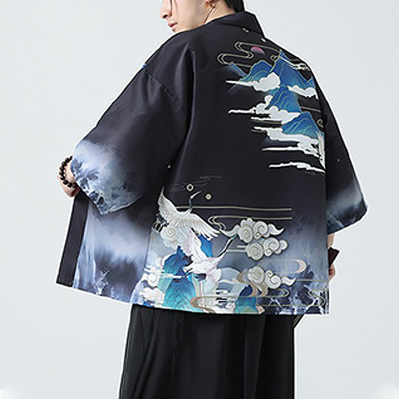 Buddha Stones Kimonos d'été décontractés pour hommes, imprimé grues vintage - image 3