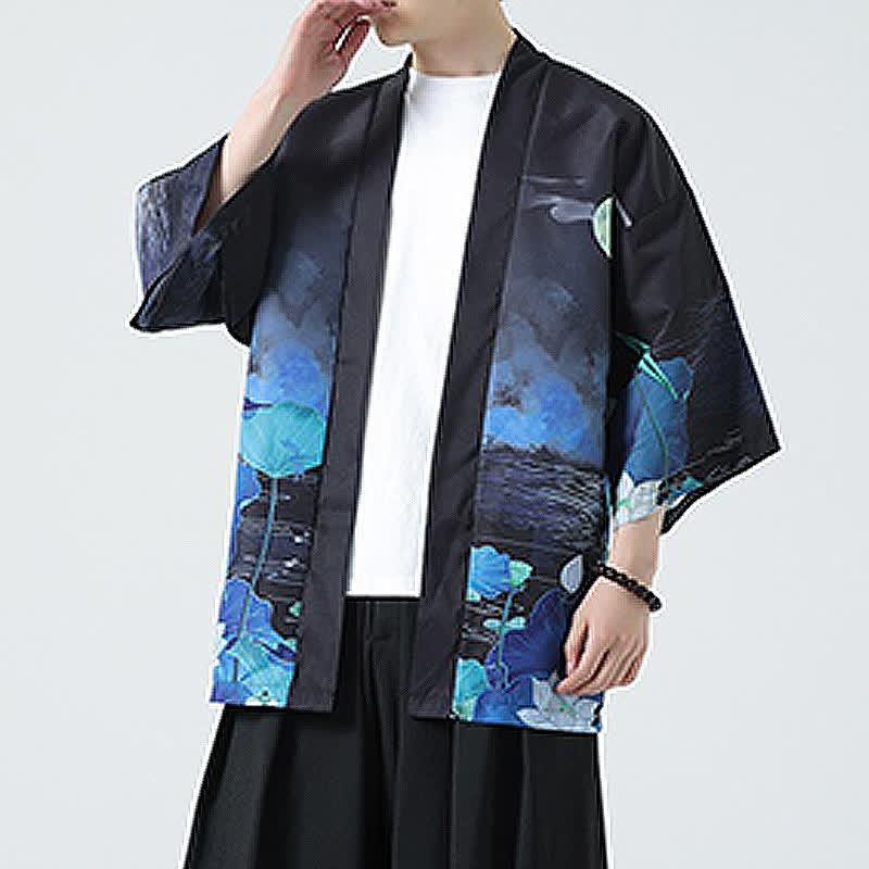 Buddha Stones Kimonos d'été décontractés pour hommes, imprimé grues vintage - image 43