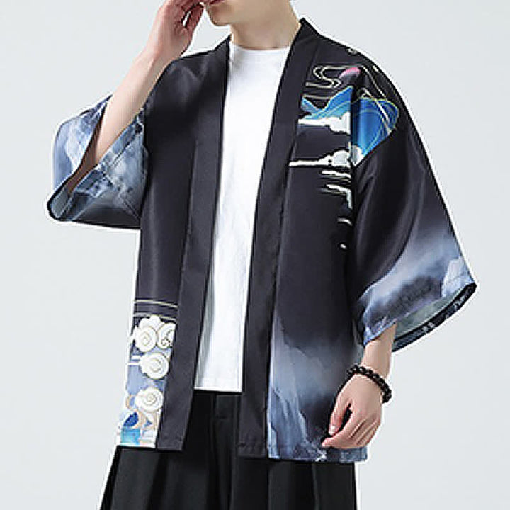 Buddha Stones Kimonos d'été décontractés pour hommes, imprimé grues vintage - image 9