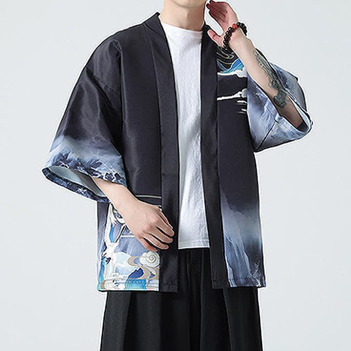 Buddha Stones Kimonos d'été décontractés pour hommes, imprimé grues vintage - image 22