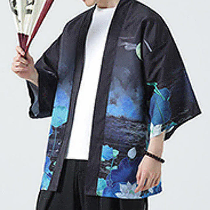 Buddha Stones Kimonos d'été décontractés pour hommes, imprimé grues vintage - image 45