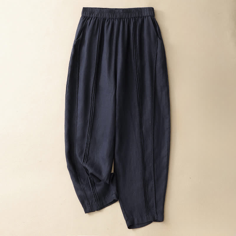 Buddha Stones Pantalon sarouel d'été minimaliste et décontracté, coupe courte, coutures verticales, avec poches. - Marine - US8-10, UK/AU12-14, EU40-42 (2XL) - image 10