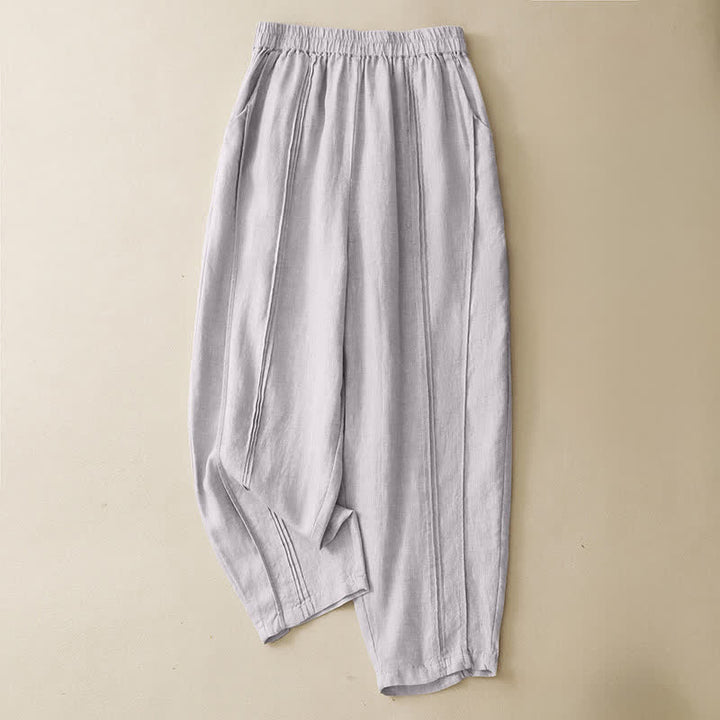 Buddha Stones Pantalon sarouel d'été minimaliste et décontracté, coupe courte, coutures verticales, avec poches. - Lin - US8-10, UK/AU12-14, EU40-42 (2XL) - image 0