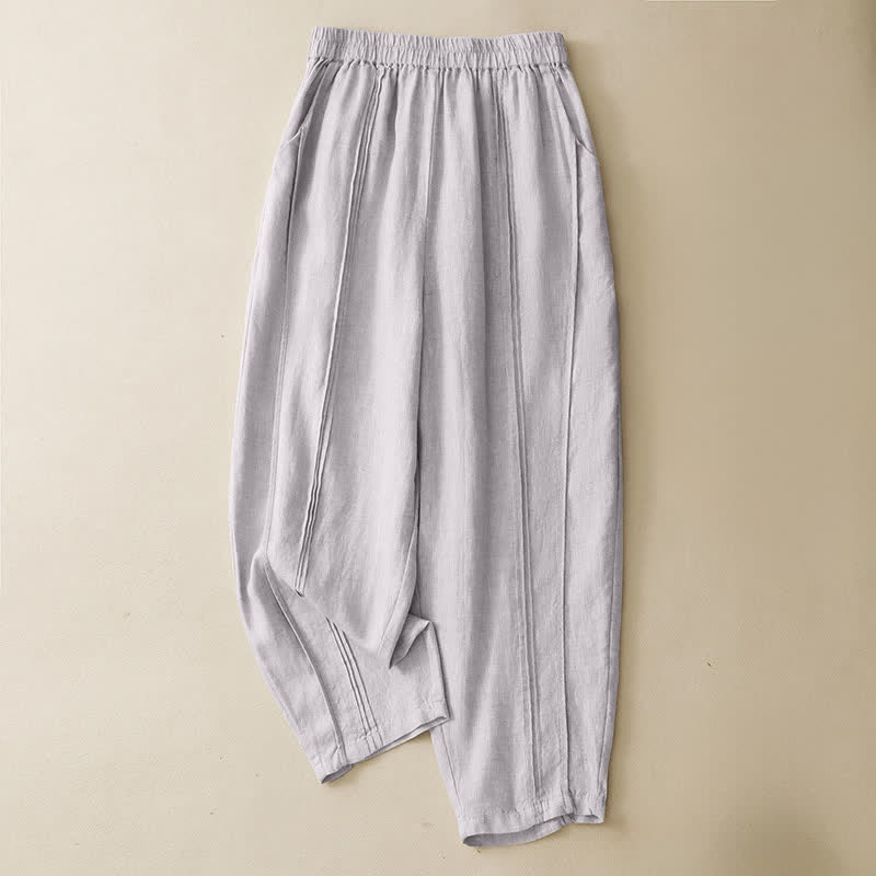 Buddha Stones Pantalon sarouel d'été minimaliste et décontracté, coupe courte, coutures verticales, avec poches. - Lin - US8-10, UK/AU12-14, EU40-42 (2XL) - image 0
