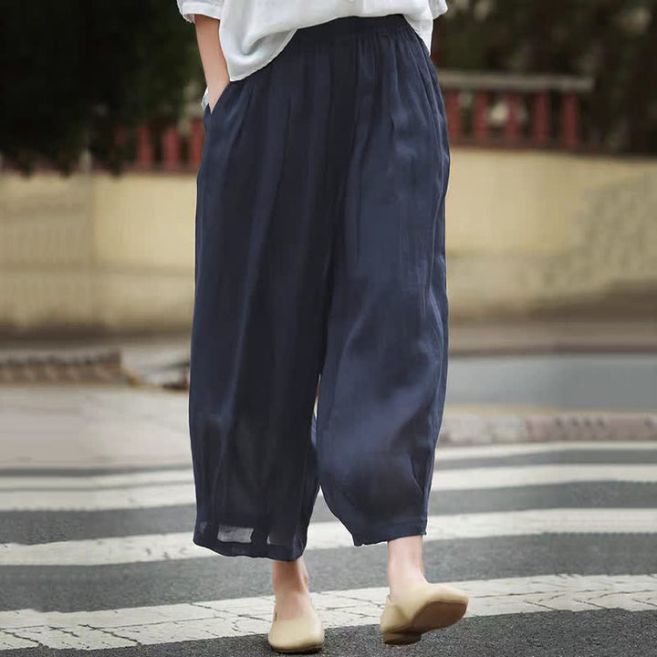 Buddha Stones Pantalon Capri bohème décontracté d'été à cordon de serrage, uni, jambes larges, avec poches - image 15