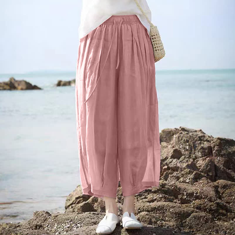 Buddha Stones Pantalon Capri bohème décontracté d'été à cordon de serrage, uni, jambes larges, avec poches - image 29