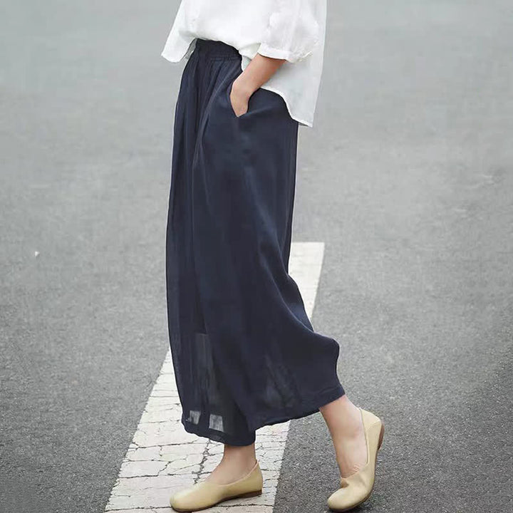 Buddha Stones Pantalon Capri bohème décontracté d'été à cordon de serrage, uni, jambes larges, avec poches - image 17