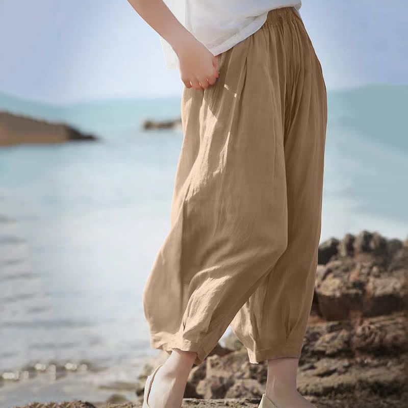 Buddha Stones Pantalon Capri bohème décontracté d'été à cordon de serrage, uni, jambes larges, avec poches - image 8