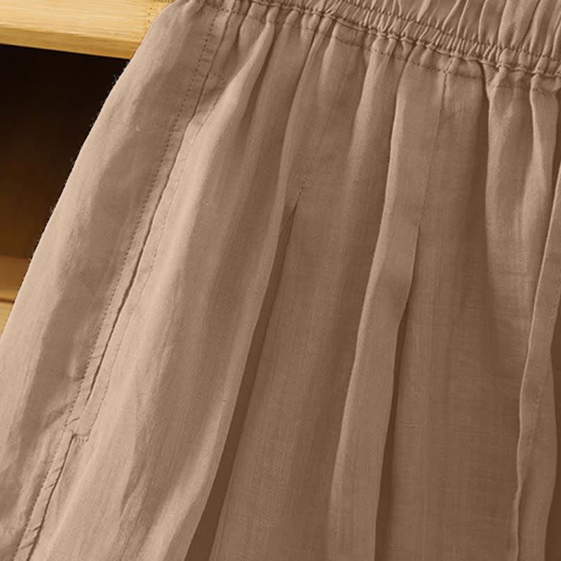 Buddha Stones Pantalon Capri bohème décontracté d'été à cordon de serrage, uni, jambes larges, avec poches - image 1