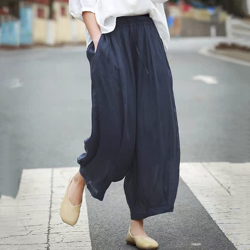 Buddha Stones Pantalon Capri bohème décontracté d'été à cordon de serrage, uni, jambes larges, avec poches - image 18