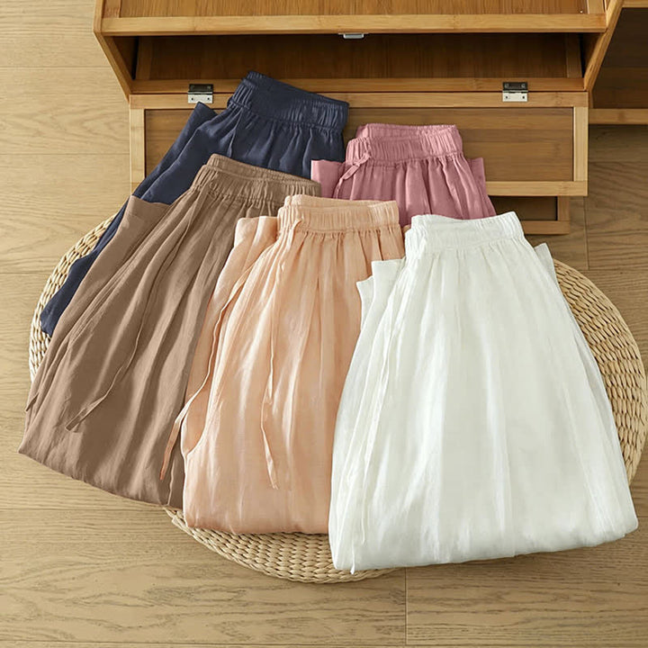 Buddha Stones Pantalon Capri bohème décontracté d'été à cordon de serrage, uni, jambes larges, avec poches - image 55