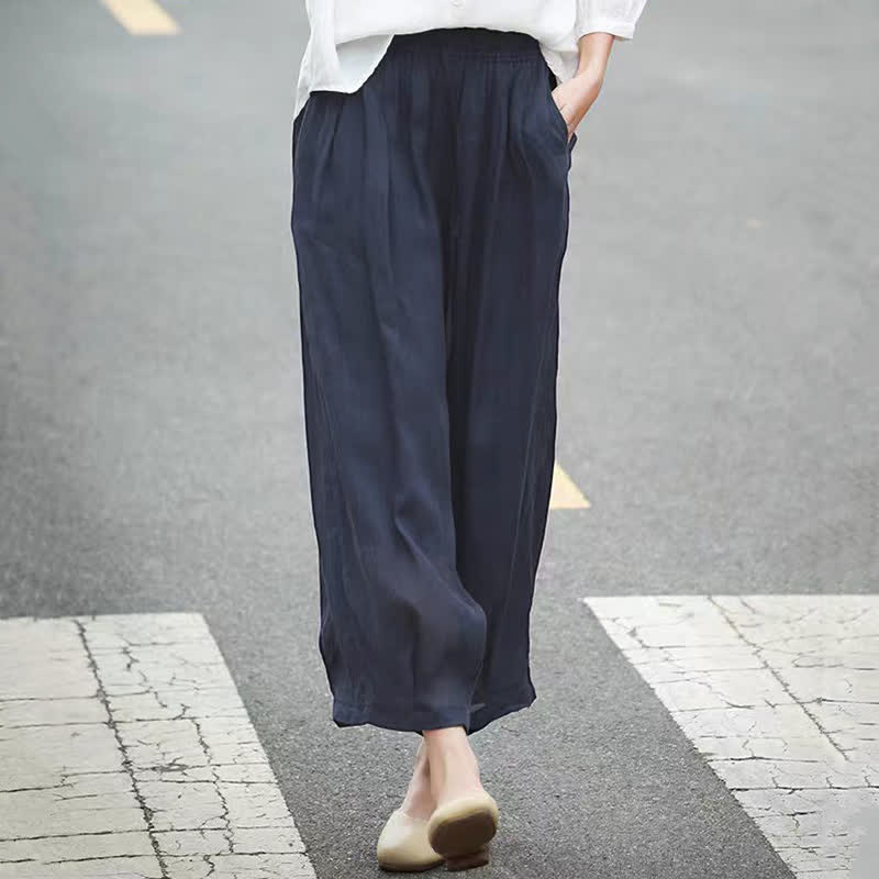 Buddha Stones Pantalon Capri bohème décontracté d'été à cordon de serrage, uni, jambes larges, avec poches - image 16