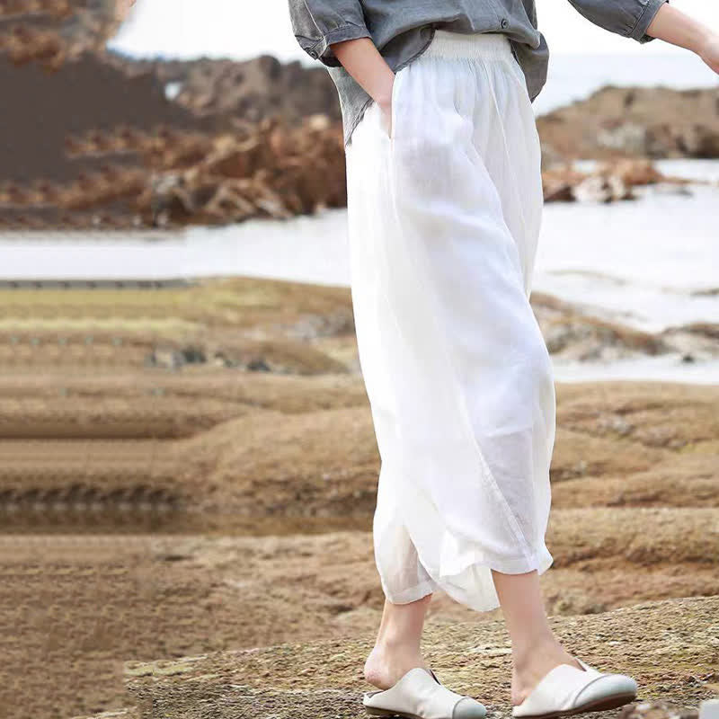 Buddha Stones Pantalon Capri bohème décontracté d'été à cordon de serrage, uni, jambes larges, avec poches - image 53