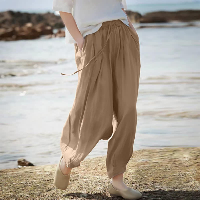 Buddha Stones Pantalon Capri bohème décontracté d'été à cordon de serrage, uni, jambes larges, avec poches - image 6
