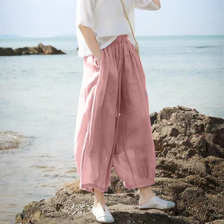 Buddha Stones Pantalon Capri bohème décontracté d'été à cordon de serrage, uni, jambes larges, avec poches - image 30