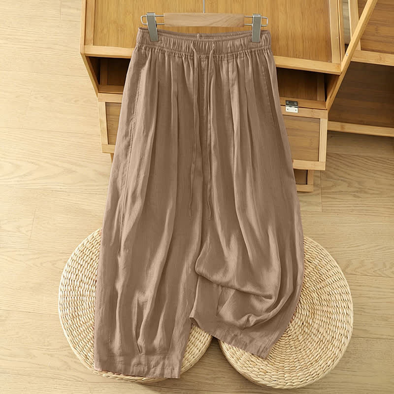 Buddha Stones Pantalon Capri bohème décontracté d'été à cordon de serrage, uni, jambes larges, avec poches - Tanné - US8-10, UK/AU12-14, EU40-42 (2XL) - image 0