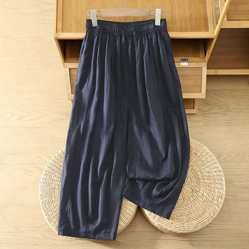Buddha Stones Pantalon Capri bohème décontracté d'été à cordon de serrage, uni, jambes larges, avec poches - Marine - US8-10, UK/AU12-14, EU40-42 (2XL) - image 10