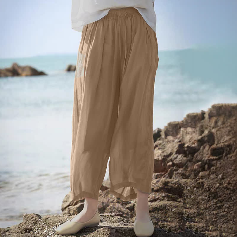 Buddha Stones Pantalon Capri bohème décontracté d'été à cordon de serrage, uni, jambes larges, avec poches - image 9