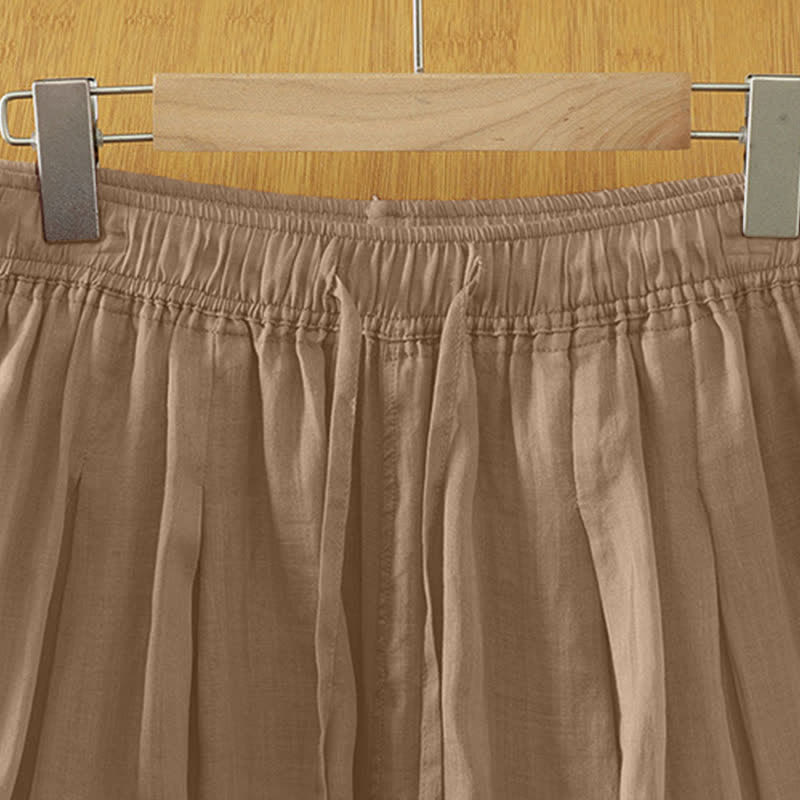 Buddha Stones Pantalon Capri bohème décontracté d'été à cordon de serrage, uni, jambes larges, avec poches - image 2