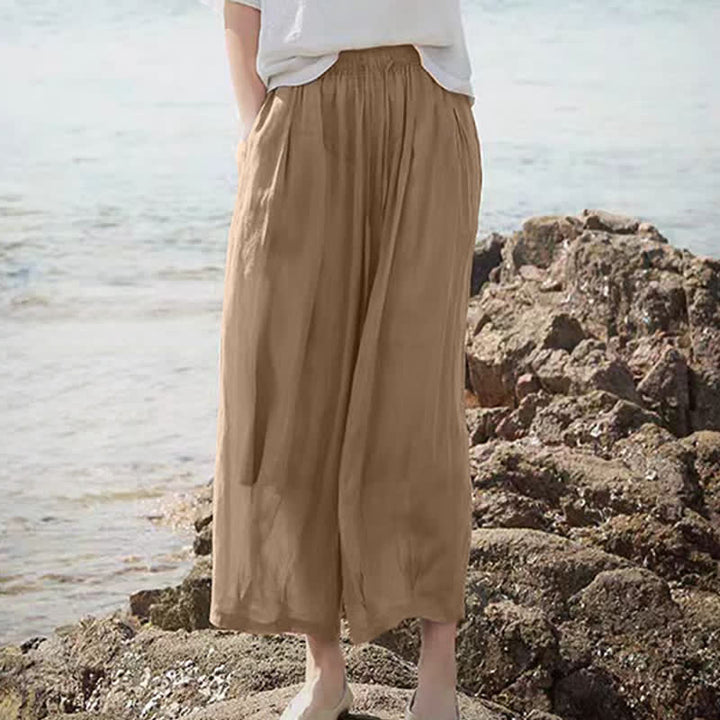 Buddha Stones Pantalon Capri bohème décontracté d'été à cordon de serrage, uni, jambes larges, avec poches - image 5