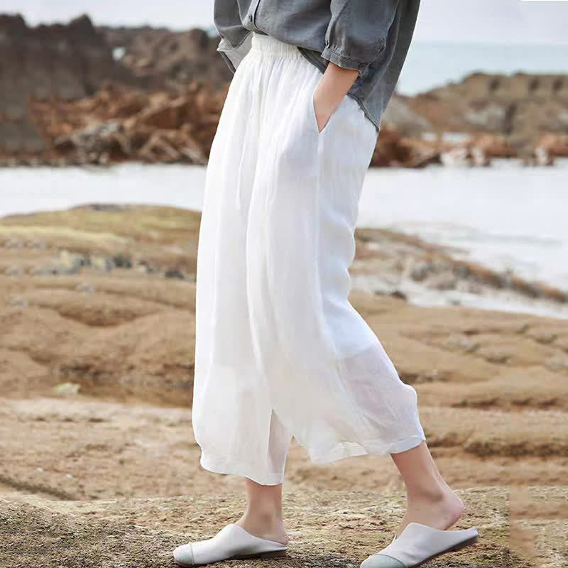 Buddha Stones Pantalon Capri bohème décontracté d'été à cordon de serrage, uni, jambes larges, avec poches - image 54