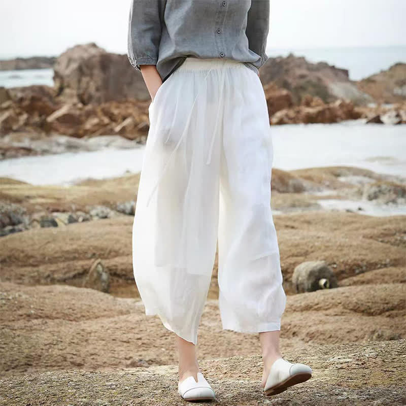 Buddha Stones Pantalon Capri bohème décontracté d'été à cordon de serrage, uni, jambes larges, avec poches - image 51